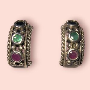 Vintage Multi Gemstone Half Hoop Post Earrings In Sterling Silver